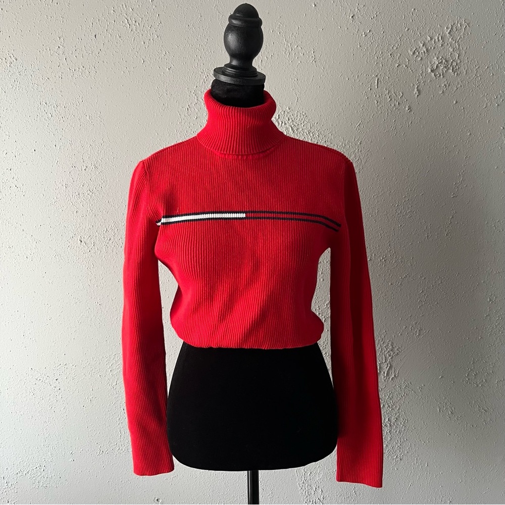 Tommy Hilfiger knit crop top turtleneck sweater red logo women’s small